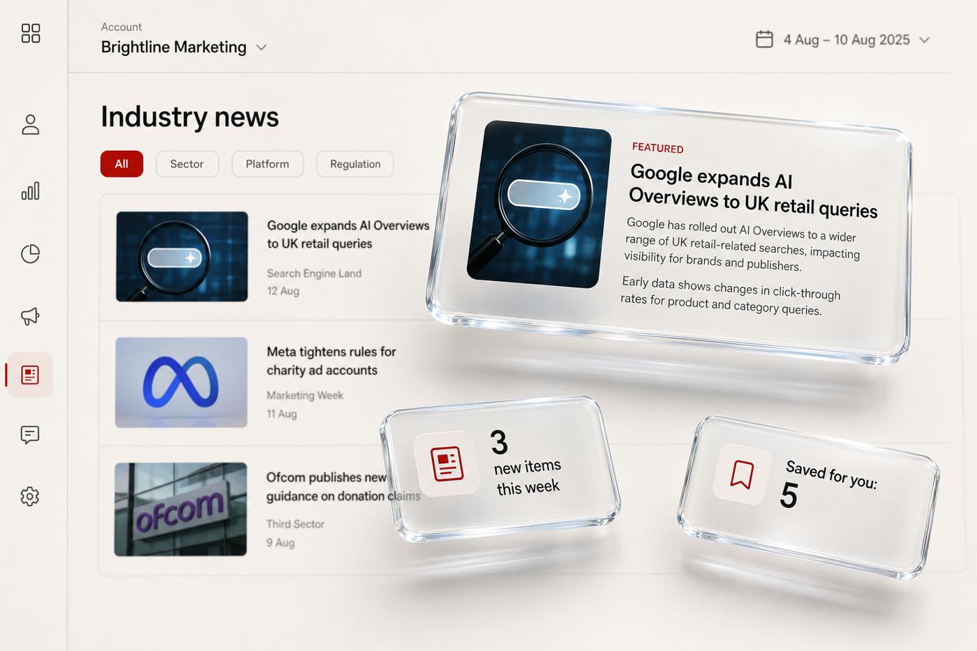Regent OS industry news feed with featured article card