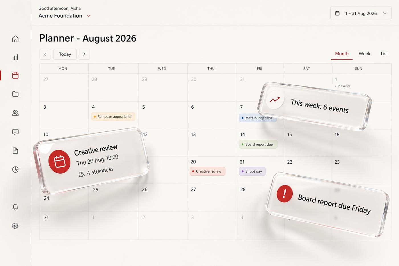 Regent OS monthly planner calendar with campaign events