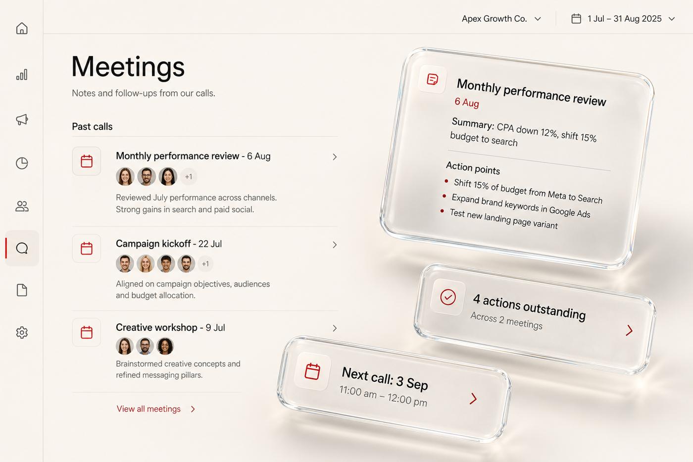 Regent OS meetings page with AI call summary and action points