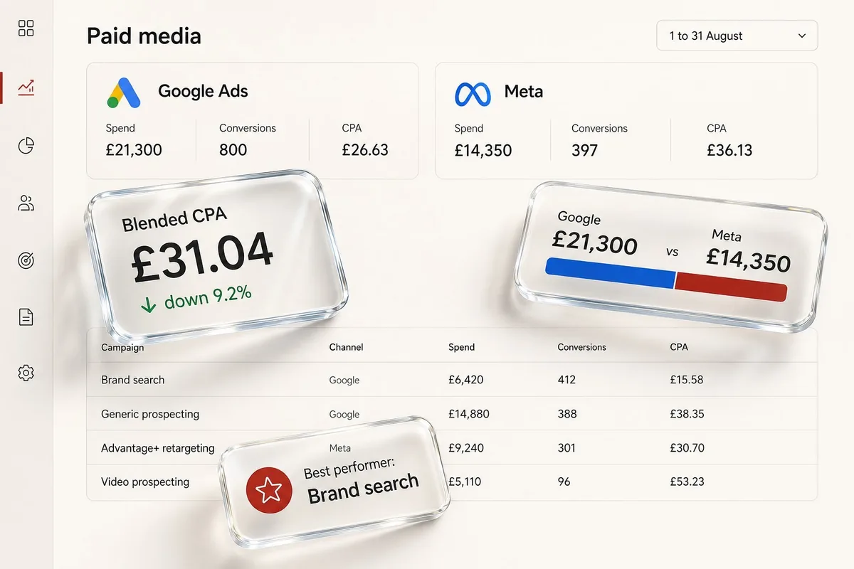 Regent OS paid media view: Google and Meta spend, conversions and CPA by campaign.